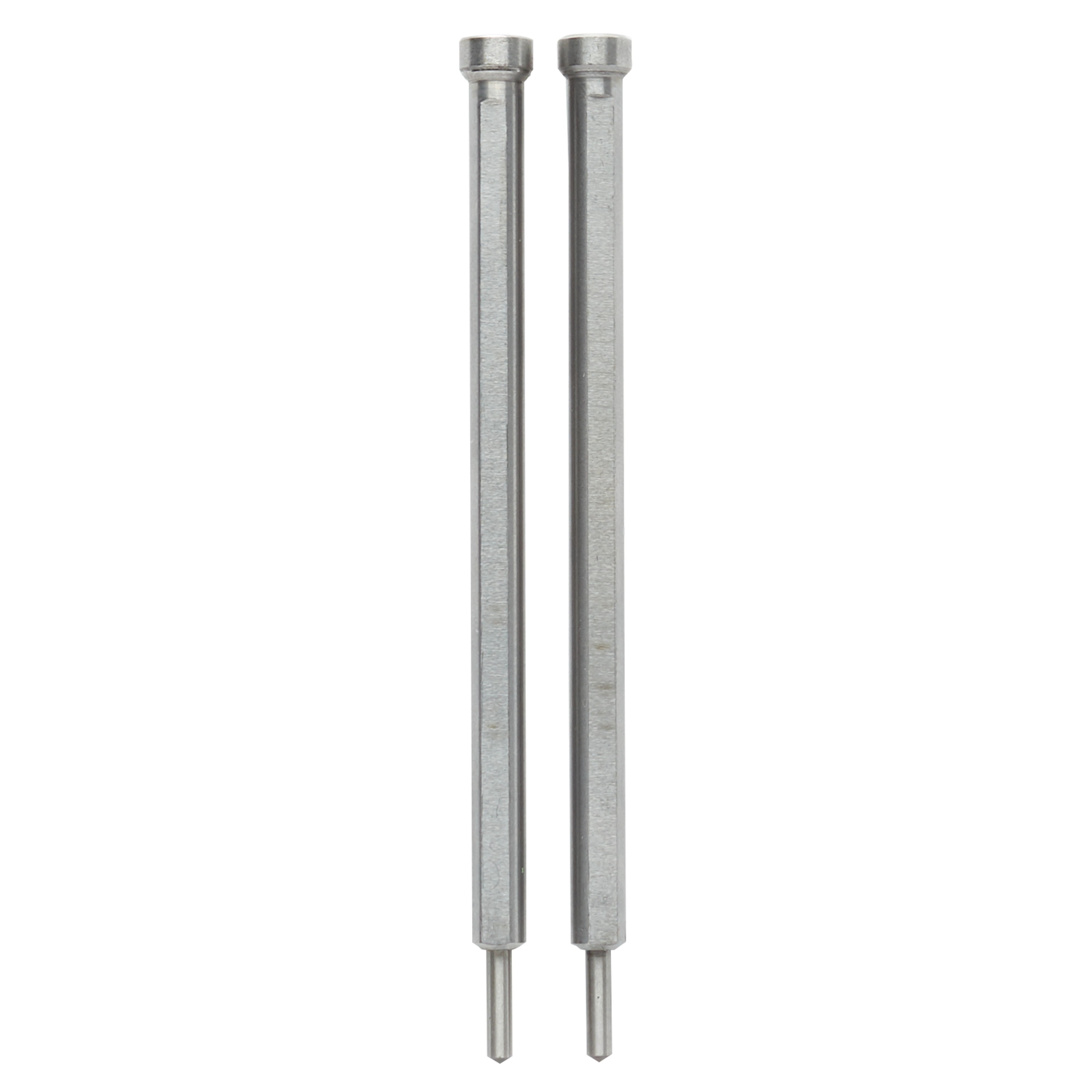 Two 2" Retractable Pilot Pins made of metallic material, featuring a hexagonal shaft and a narrower pointed end, are standing vertically side by side.