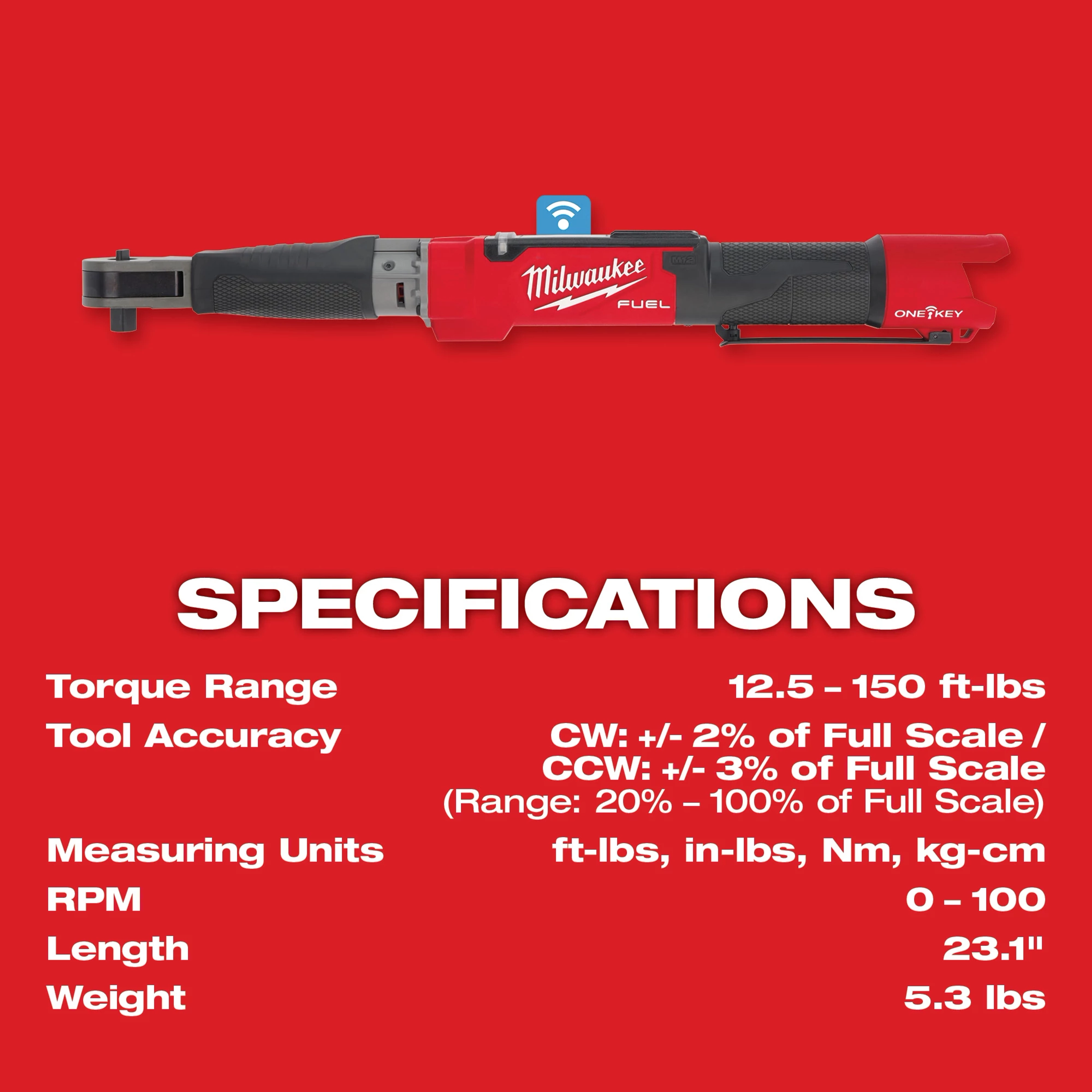 Milwaukee M12 Fuel 1/2" Digital Torque Wrench with ONE-KEY Specs: 12.5-150 ft-lbs torque range, 23.1" length, 5.3 lbs weight.