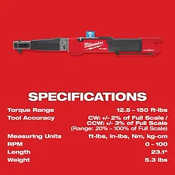 Milwaukee M12 Fuel 1/2" Digital Torque Wrench with ONE-KEY Specs: 12.5-150 ft-lbs torque range, 23.1" length, 5.3 lbs weight.