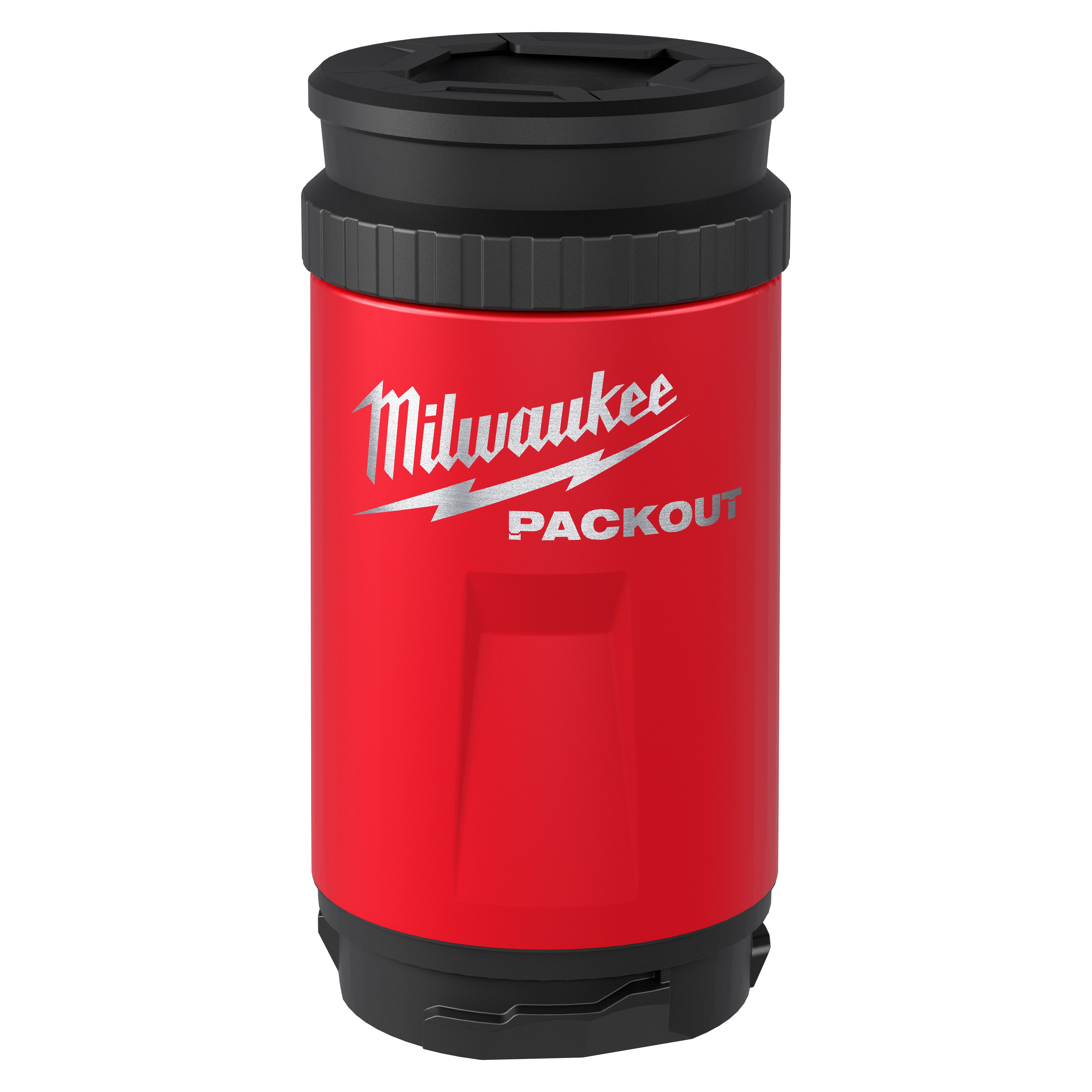 Red PACKOUT Insulated Can Cooler with black lid and base standing upright on a plain background.