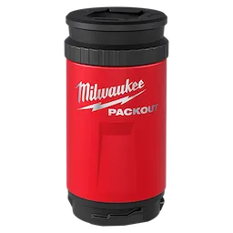 Red PACKOUT Insulated Can Cooler with black lid and base standing upright on a plain background.