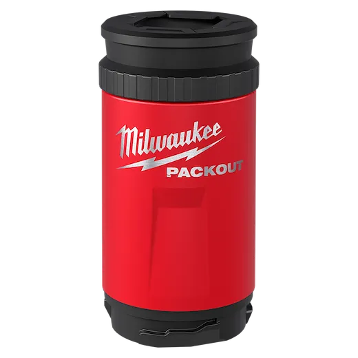 Red PACKOUT Insulated Can Cooler with black lid and base standing upright on a plain background.