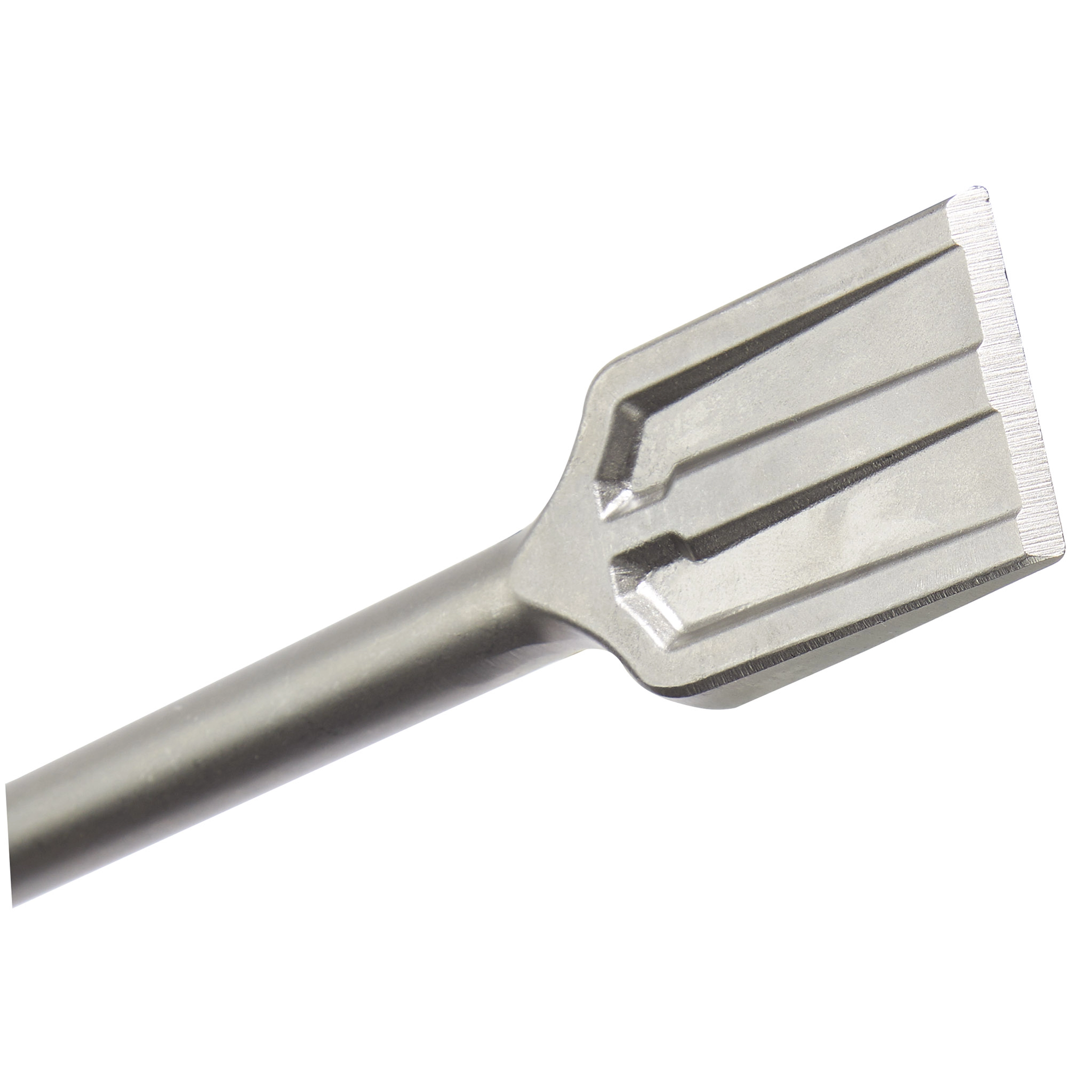 SDS-MAX 2" Scaling chisel with a wide, flat blade and grooved design, suitable for heavy-duty material removal and surface scraping.