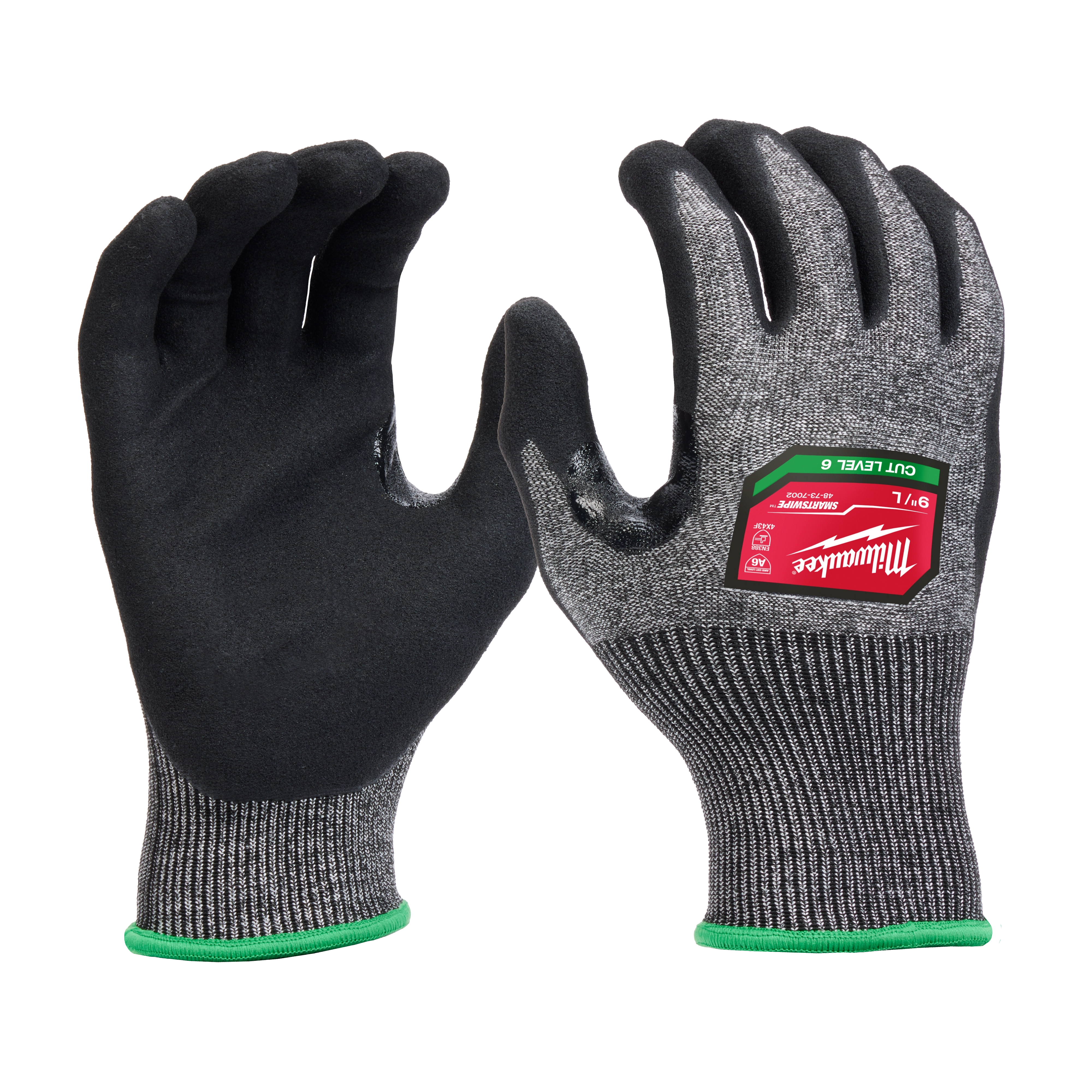 Cut Level 6 High-Dexterity Nitrile Dipped Gloves - L feature black nitrile-coated palms and fingers with a grey knitted back and wrist.