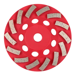 Image of a 4-1/2" DIAMOND MAX™ Turbo Diamond Cup Wheel - 14 Segment. The wheel is red with 14 silver-colored diamond segments evenly spaced on the surface. The design includes multiple circular cutouts near the center for attachment.
