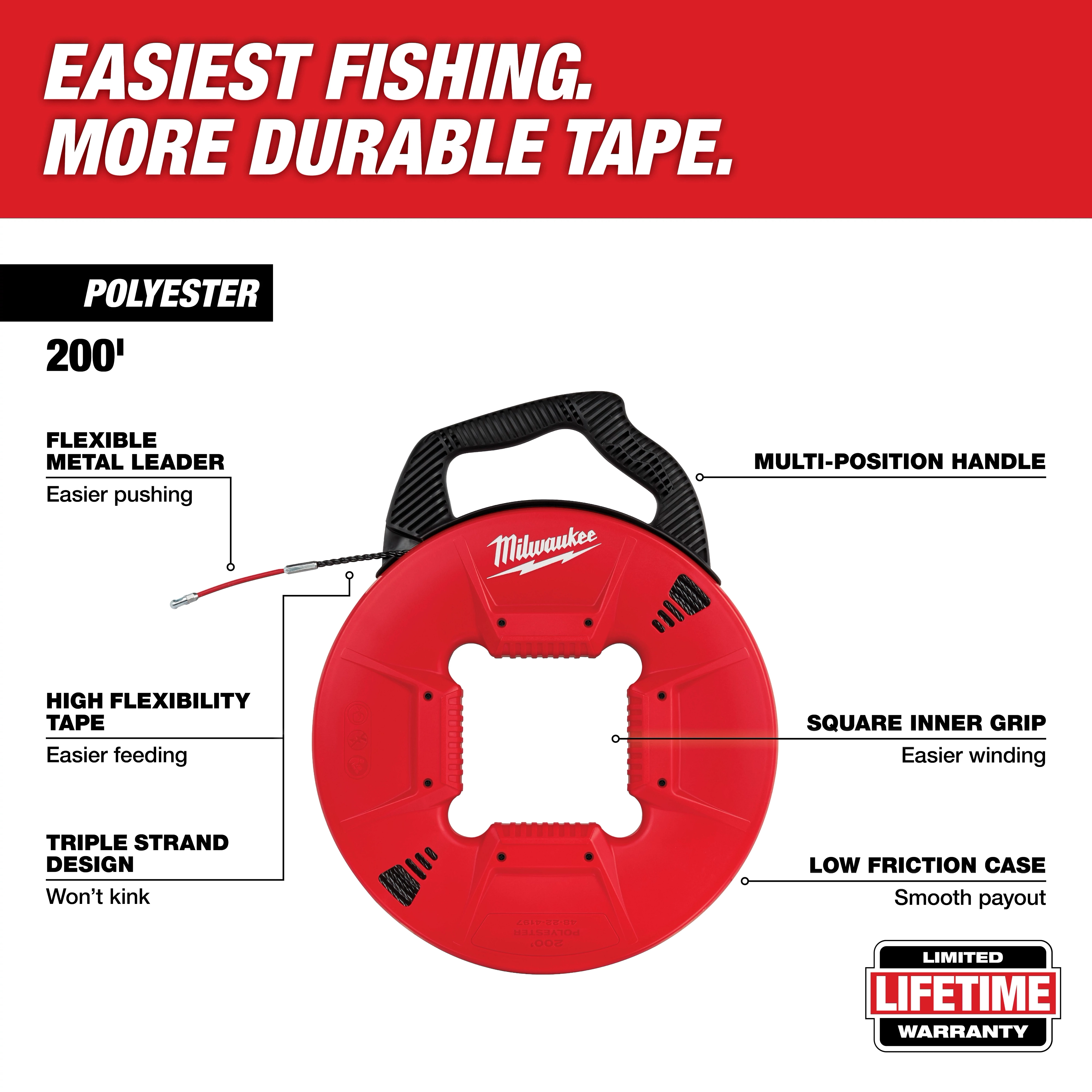 Milwaukee 200' Polyester Fish Tape features a flexible metal leader, high flexibility tape, and a square inner grip for easier handling.