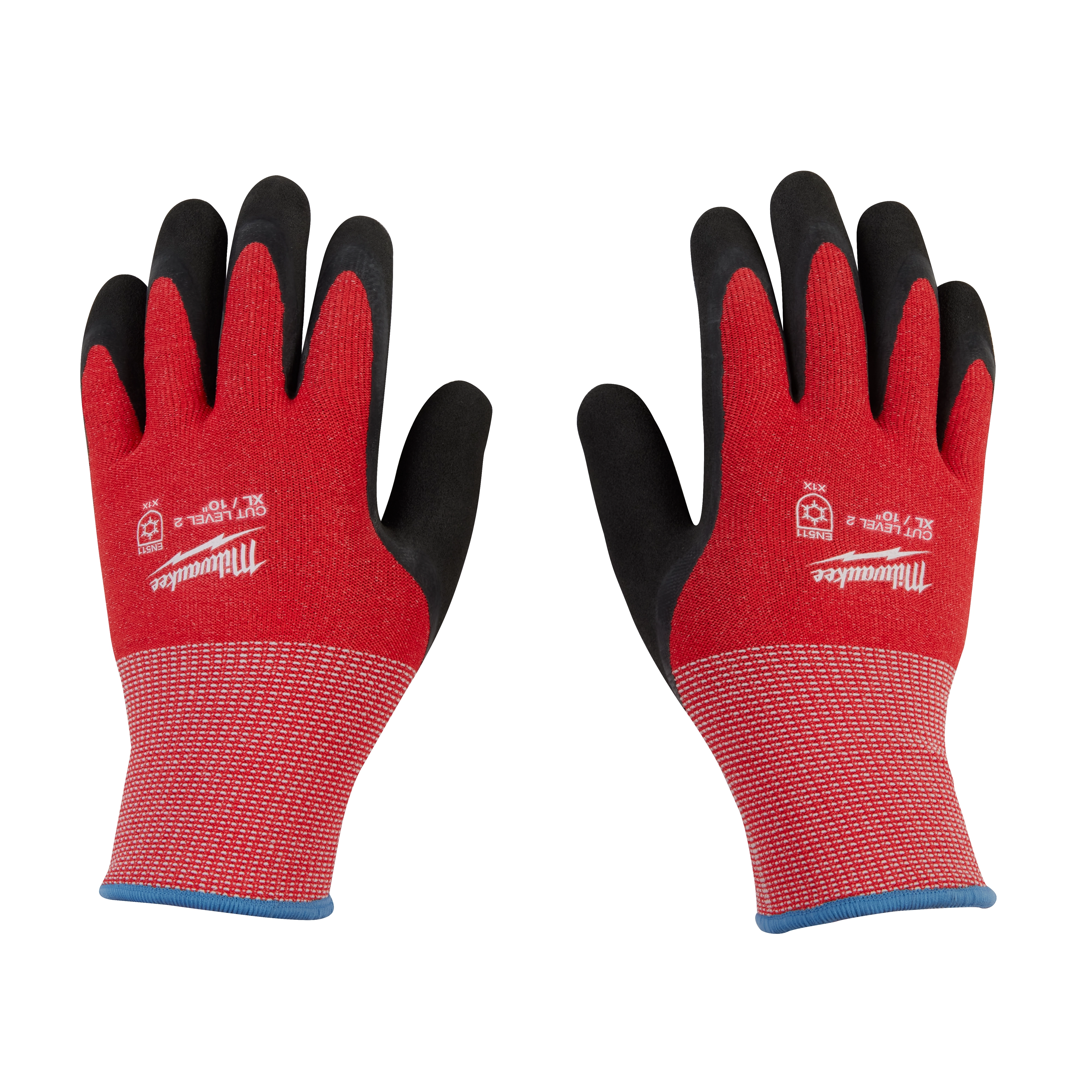 Cut Level 2 Winter Dipped Gloves - XL, red with black palms and fingertips, anti-slip, showing both front and back views.