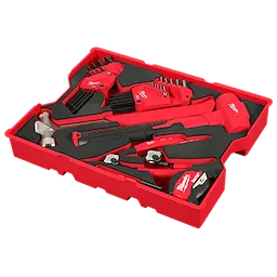 A 27PC Hex Key & Hammer Set with Tray for PACKOUT™ Drawers. The set is neatly organized in a red tray and includes hex keys, a hammer, a tape measure, and other tools, all with a red and black color scheme.