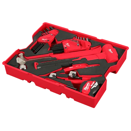 A 27PC Hex Key & Hammer Set with Tray for PACKOUT™ Drawers. The set is neatly organized in a red tray and includes hex keys, a hammer, a tape measure, and other tools, all with a red and black color scheme.