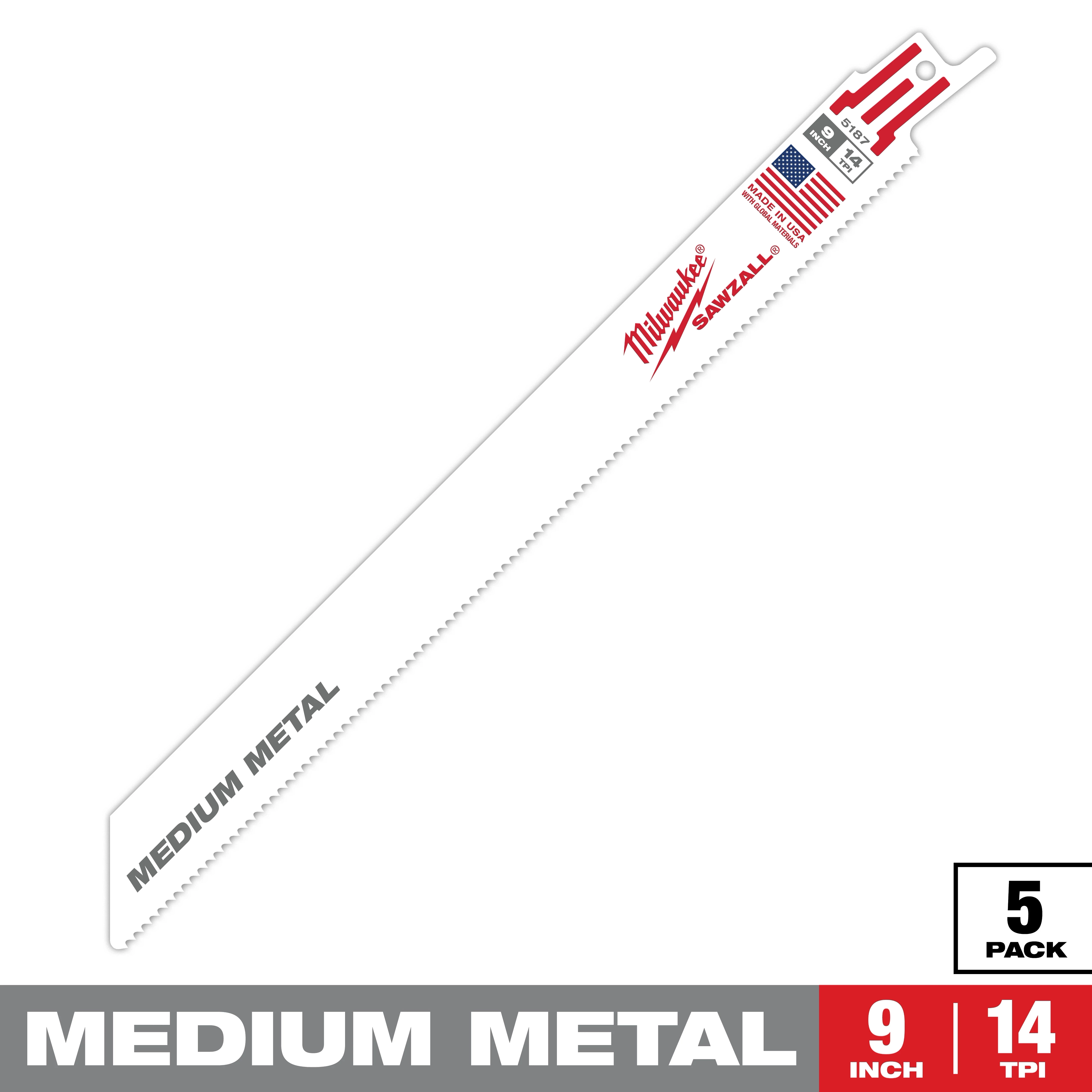 The Sawzall Bi-Metal Carbide blade is designed for cutting medium metal. It measures 9 inches in length with 14 teeth per inch. The blade is white with red branding, an American flag logo, and comes in a pack of five.