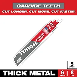Sawzall Bi-Metal Carbide Primary Images features a 6-inch Torch blade with 8 teeth per inch, designed for cutting thick metal. The blade's carbide teeth ensure durability and efficiency. Pack contains 5 blades, promoting longer, faster, and more accurate cuts. Suitable for heavy-duty applications.