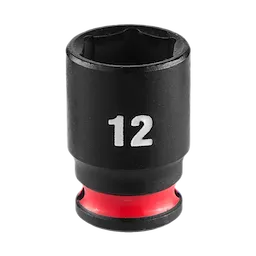 SHOCKWAVE Impact Duty 1/4" Drive 12MM Standard Impact Socket, black with a red band near the base and "12" in white text.