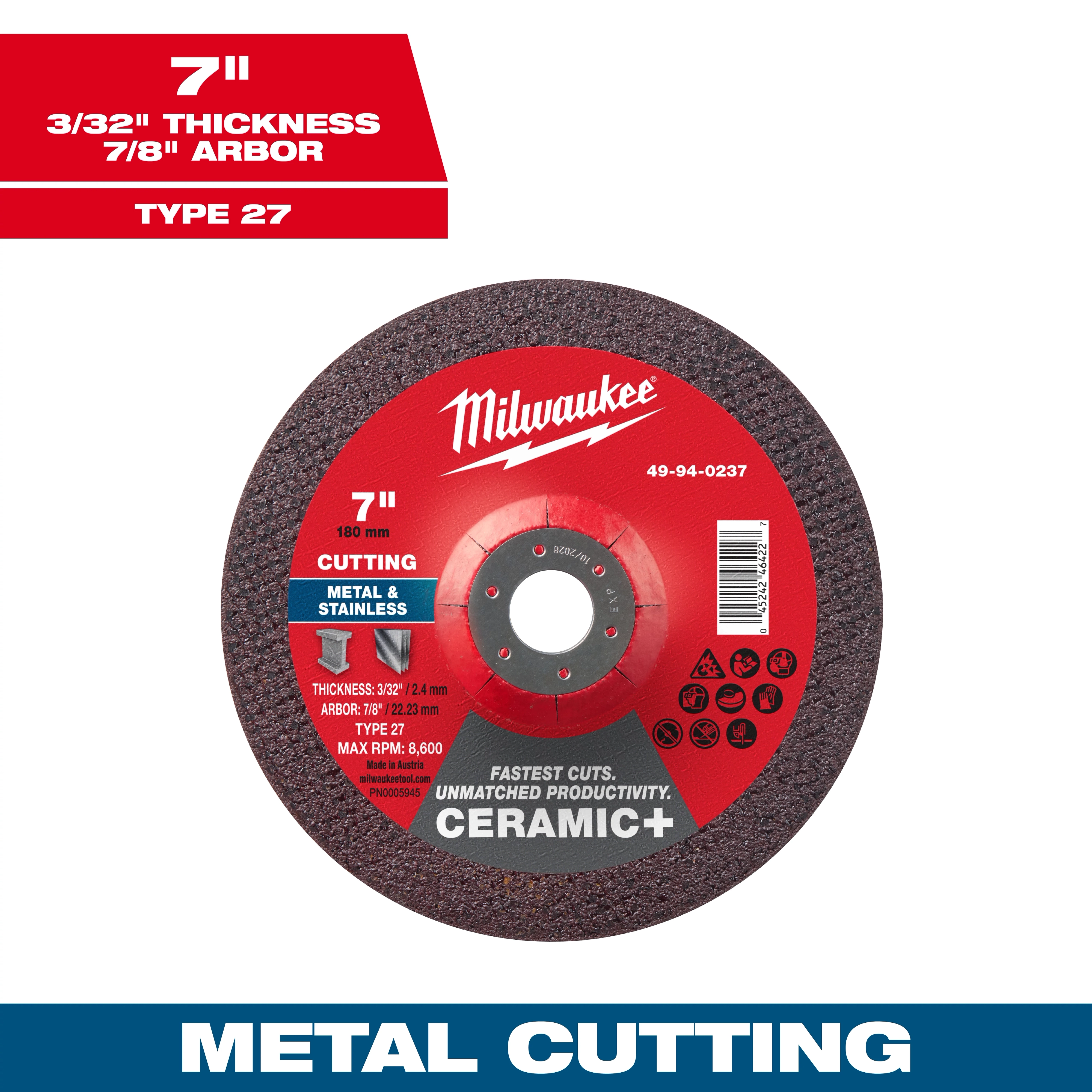 7" x 3/32" x 7/8" Ceramic+ Metal Cut Off Wheel - Type 27 for cutting metal and stainless steel with a max RPM of 8,600.