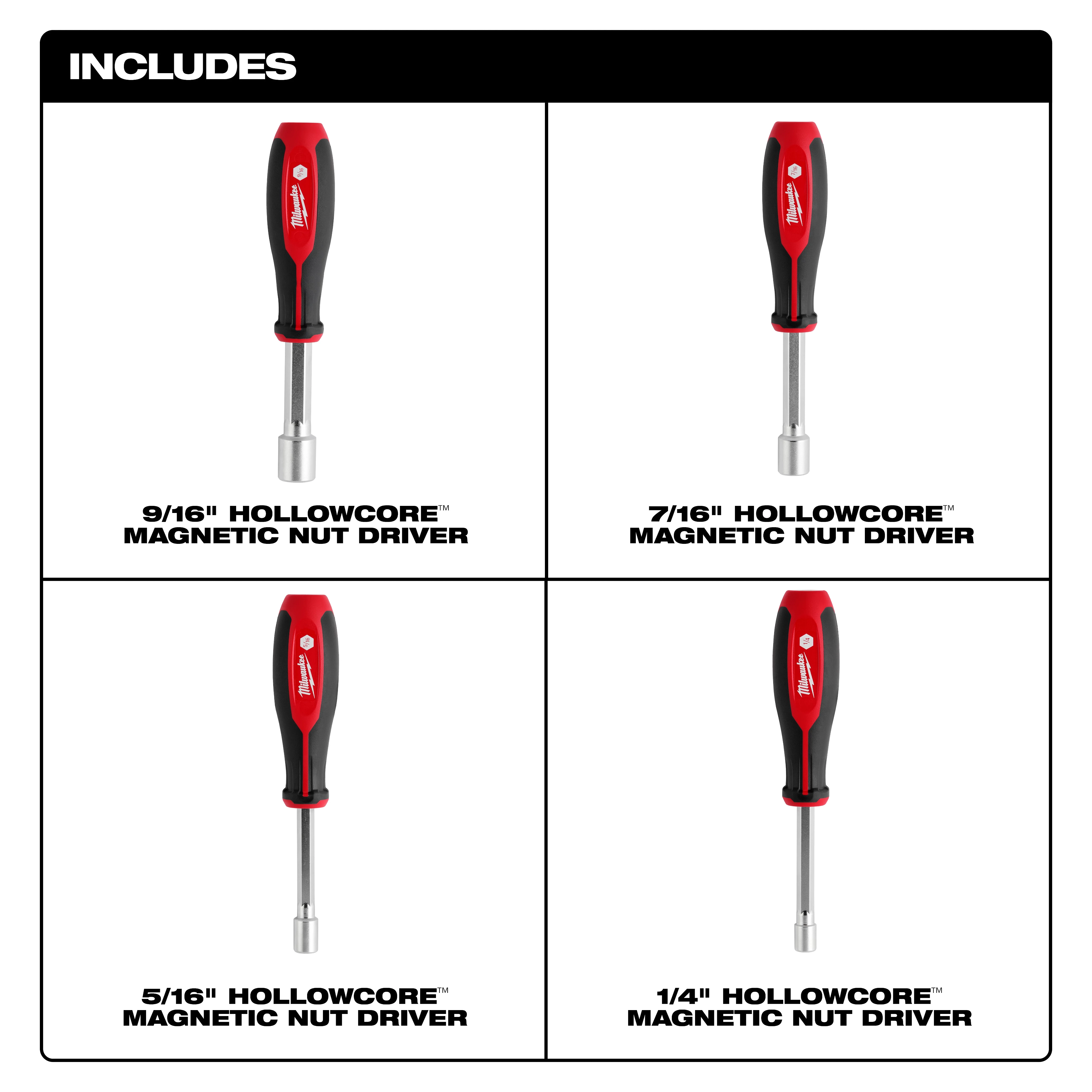 4pc SAE HollowCore Magnetic Nut Driver Set includes 9/16", 7/16", 5/16", and 1/4" magnetic nut drivers with red and black handles.