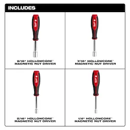 4pc SAE HollowCore Magnetic Nut Driver Set includes 9/16", 7/16", 5/16", and 1/4" magnetic nut drivers with red and black handles.