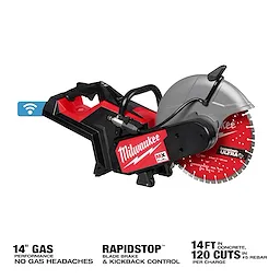 The image shows an MX FUEL™ 14" Cut-Off Saw with RAPIDSTOP™ Brake. The saw is primarily red and black and features a 14-inch blade. The brand Milwaukee is prominently displayed on the side. There are specifications about gas performance, blade brake, and cutting capacity at the bottom.