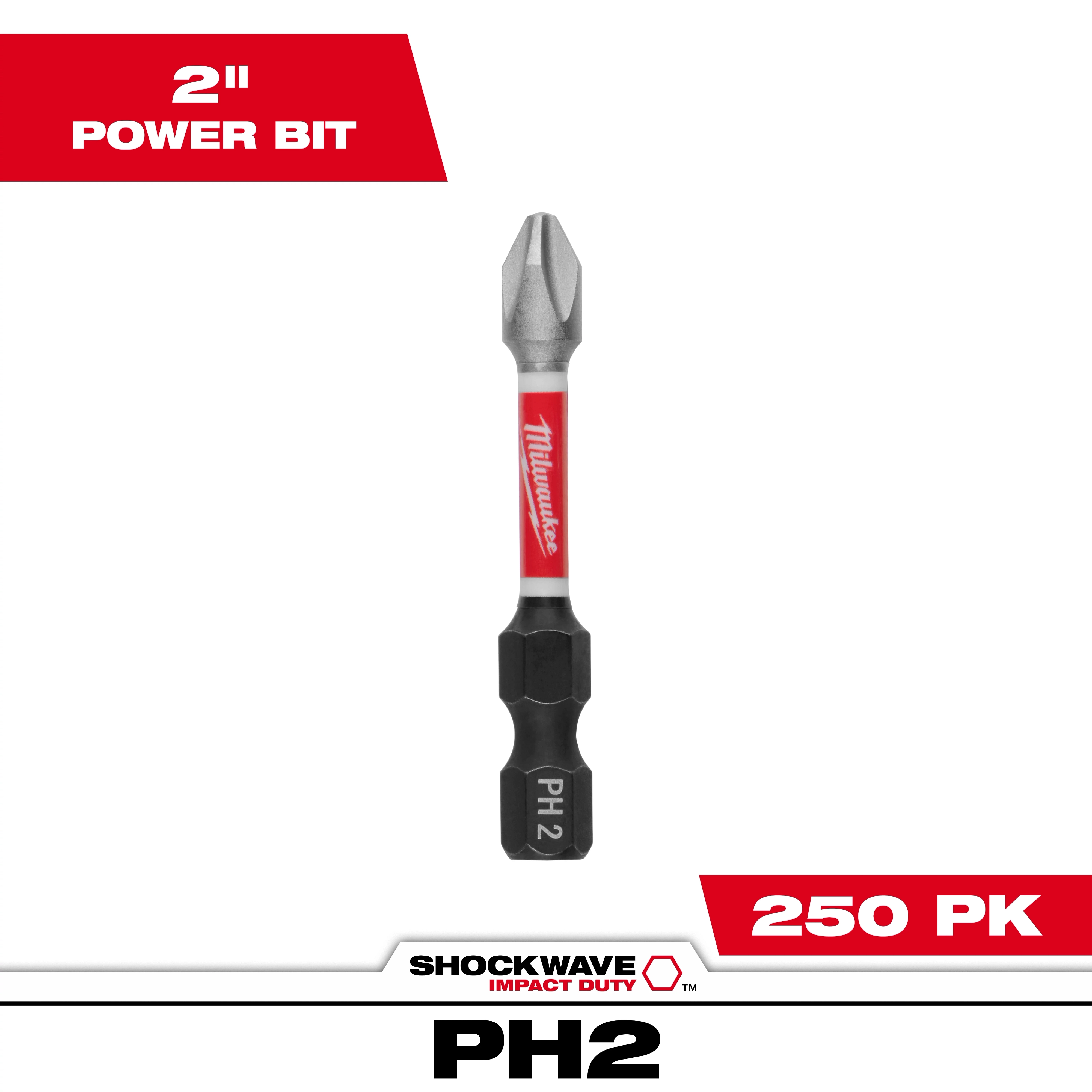 The image shows a SHOCKWAVE™ 2" Impact Duty Phillips #2 Power Bit, featuring a red and silver design with "Milwaukee" branding. It is packaged in quantities of 250 (250 PK), indicated by the text in red boxes at the top left and bottom right corners of the image.