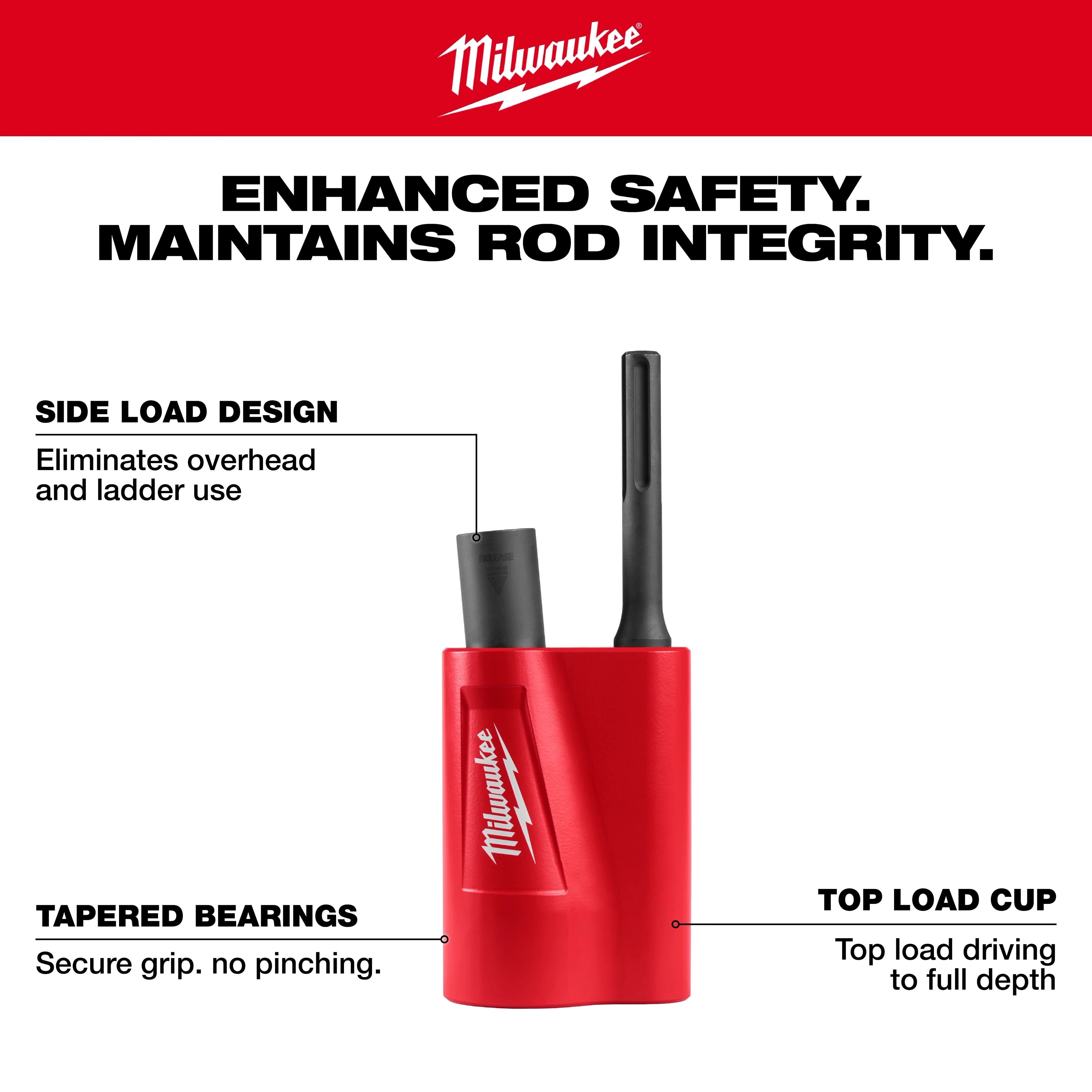 SDS Max Side Load Ground Rod Driver with a red body features a side load design, tapered bearings, and a top load cup.