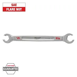 This image displays a Milwaukee SAE flare nut wrench with a 1/2 inch opening on one end and a 9/16 inch opening on the other. The tool has a lifetime guarantee, with the brand name and measurements clearly printed in red.