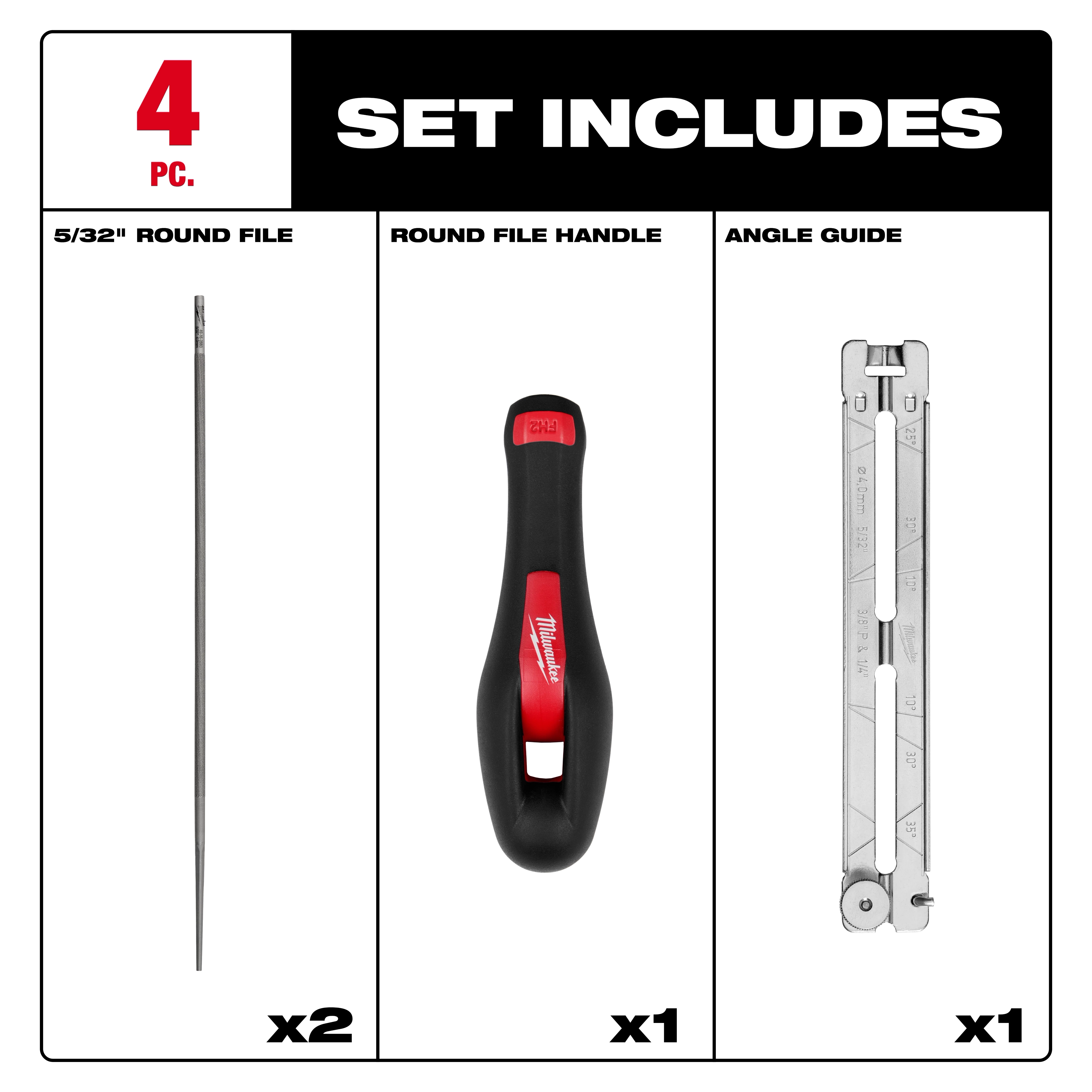 The 4pc 5/32” Saw Chain Sharpening Set includes two 5/32” round files, one round file handle, and one angle guide. The handle is black and red, while the angle guide is silver. This kit is designed for sharpening saw chains.
