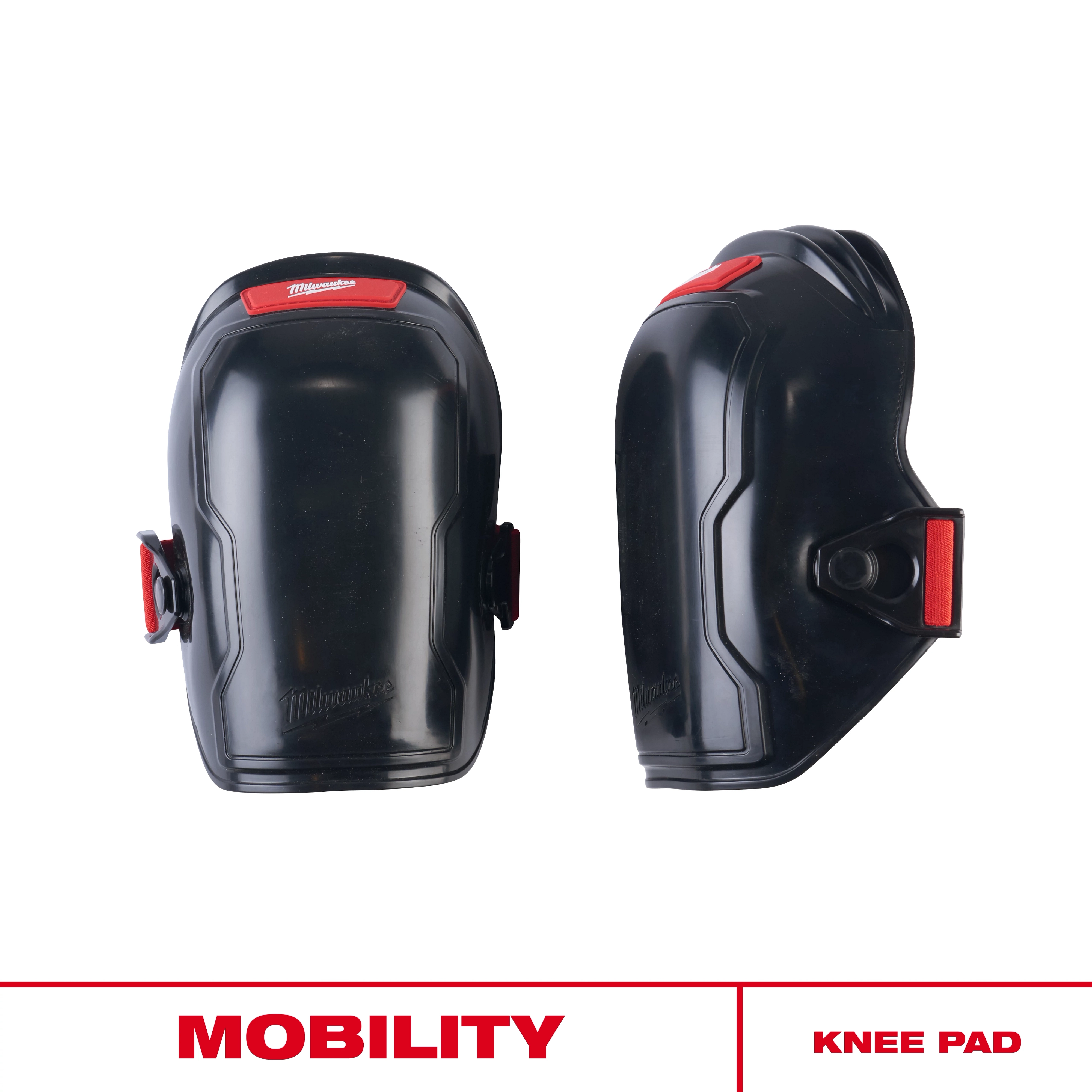 Mobility Knee Pad pair in black with red accents, shown from front and side on a white background.