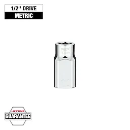This image shows a metallic 11mm Milwaukee socket with a 1/2" drive. The socket is cylindrical with a hexagonal opening. "Lifetime Guarantee" is marked in one corner, and a "1/2" Drive Metric" label appears at the top.