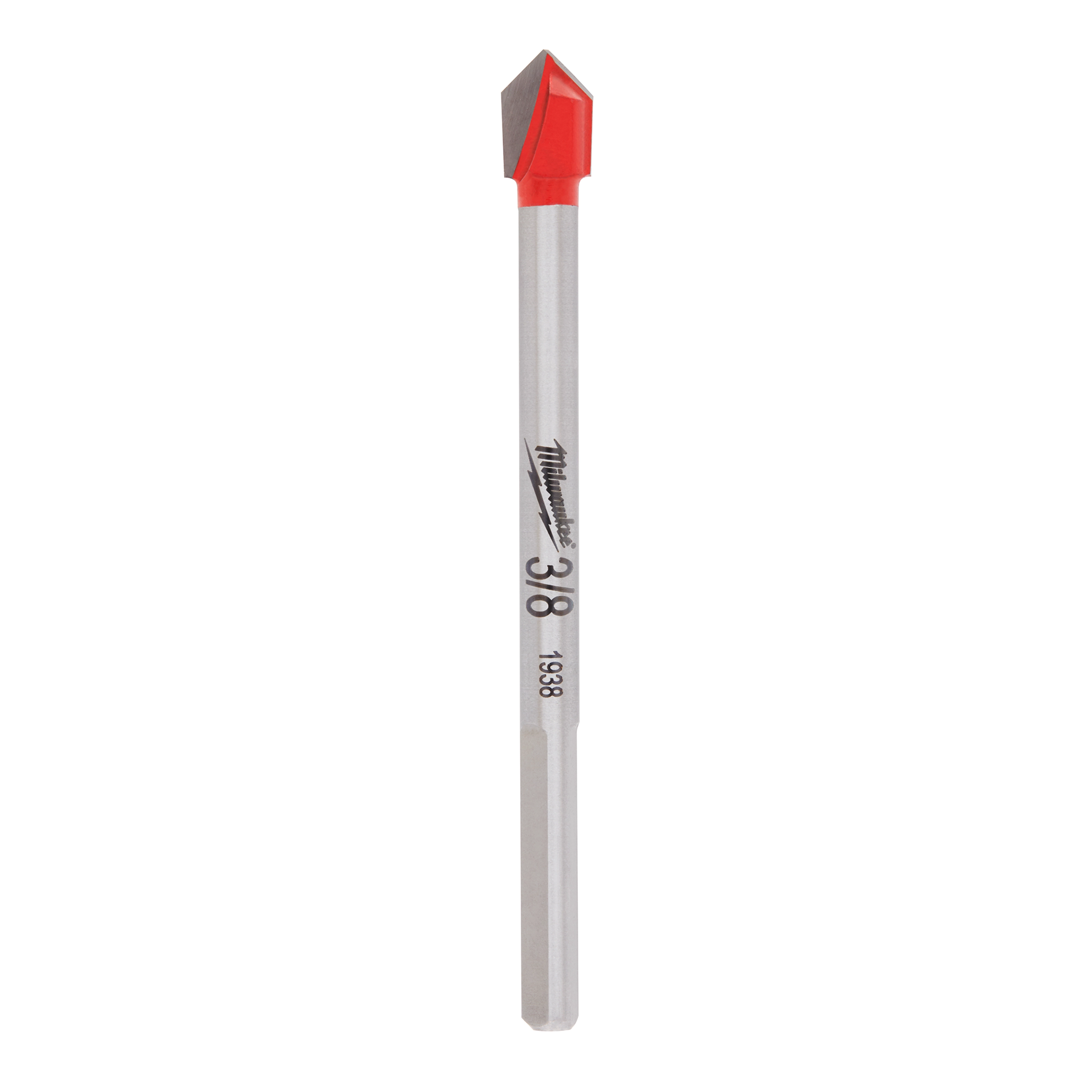 3/8" Glass and Tile Bit featuring a red carbide tip designed for precise drilling in glass, tile, and ceramic materials.