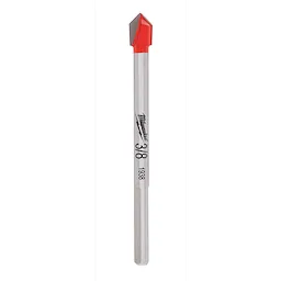 3/8" Glass and Tile Bit featuring a red carbide tip designed for precise drilling in glass, tile, and ceramic materials.