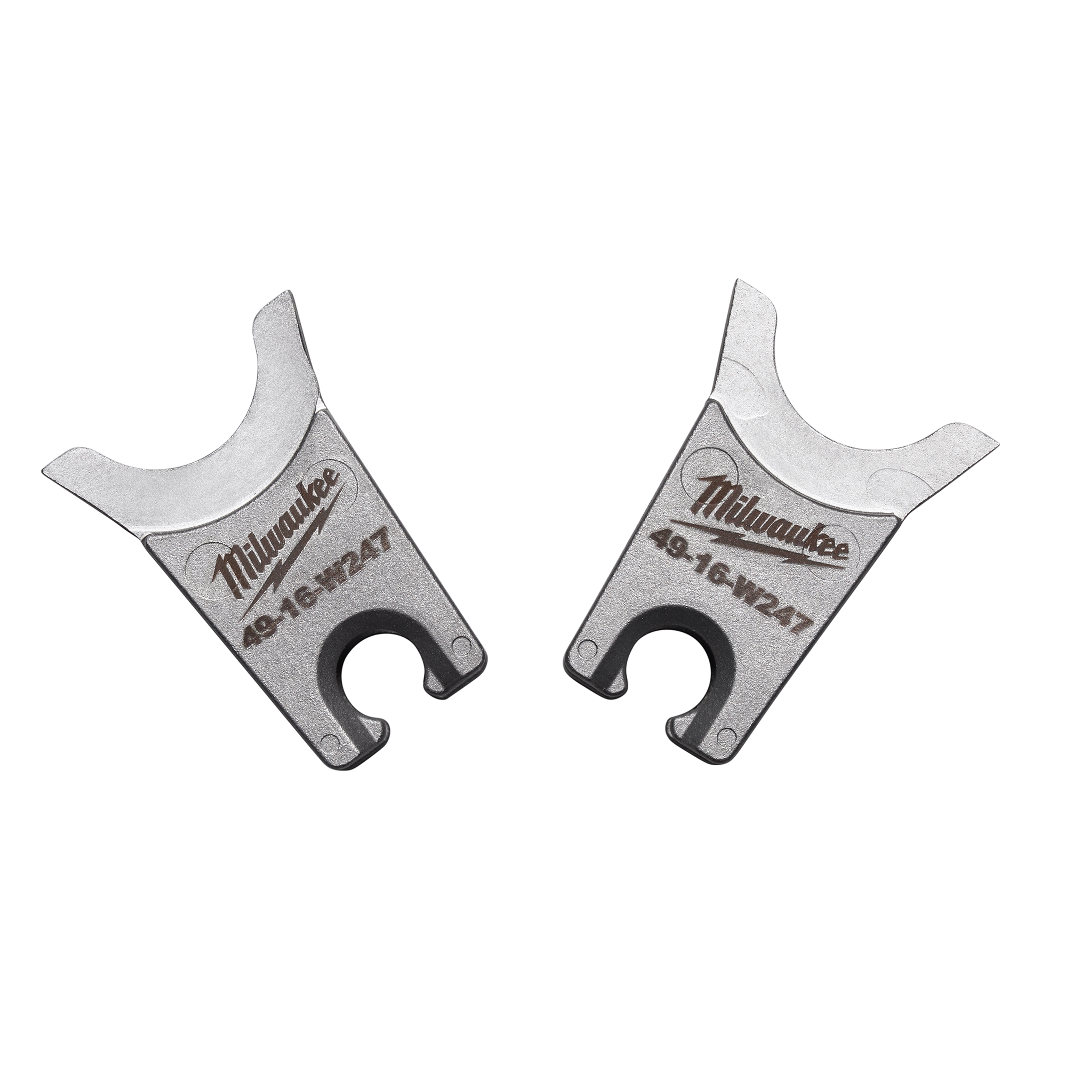 Two Milwaukee® W Style Dies with model numbers 49-16-H247 and 49-16-W247, featuring a silver-grey metallic finish and curved cutting edges designed for specific cutting applications. Milwaukee branding is prominently displayed on both dies.
