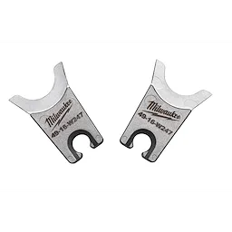 Two Milwaukee® W Style Dies with model numbers 49-16-H247 and 49-16-W247, featuring a silver-grey metallic finish and curved cutting edges designed for specific cutting applications. Milwaukee branding is prominently displayed on both dies.
