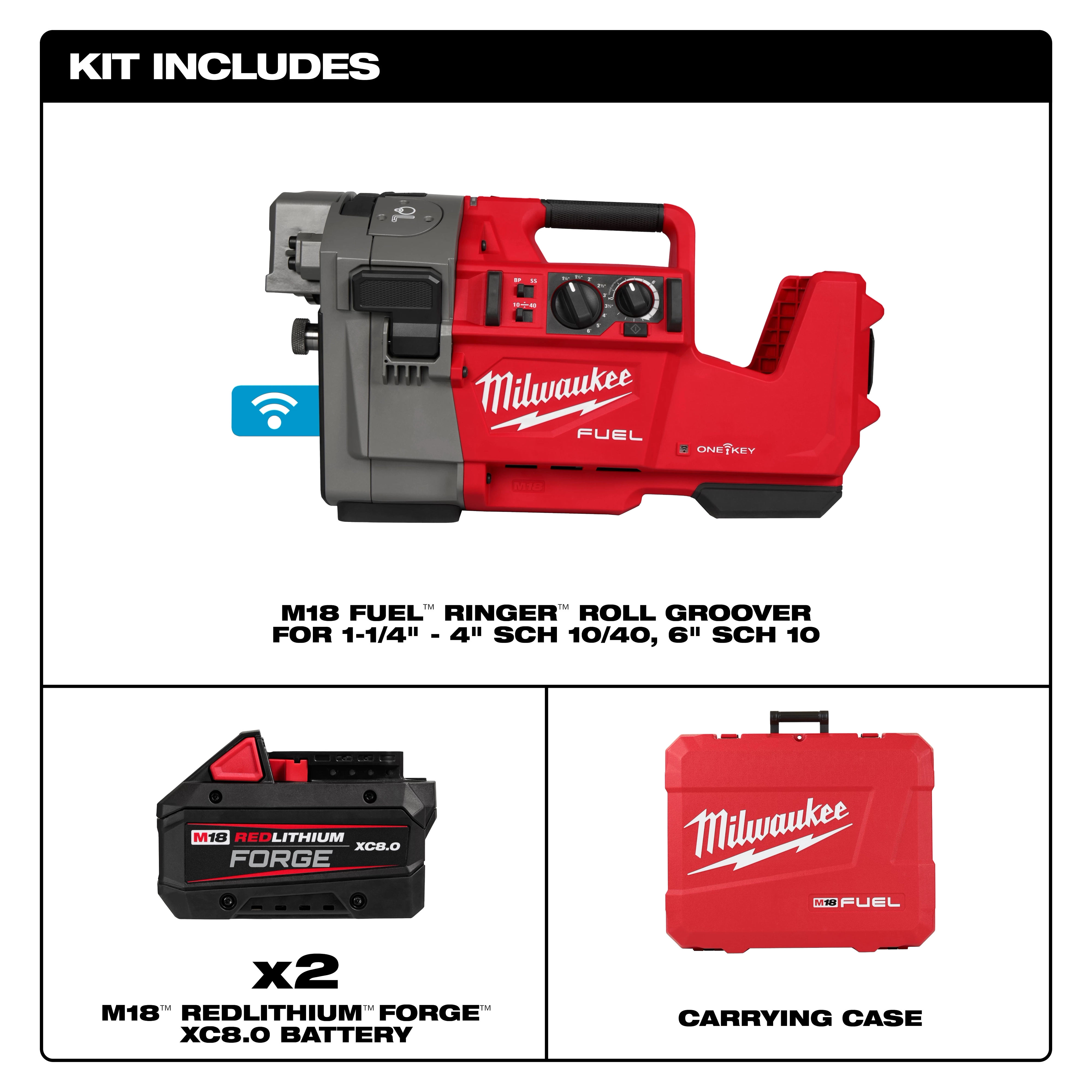 The kit includes an M18 FUEL™ RINGER™ Roll Groover for 1-1/4” - 4” Sch 10/40, 6” Sch 10, two M18™ REDLITHIUM™ FORGE™ XC8.0 batteries, and a red carrying case.