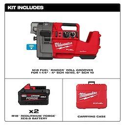 The kit includes an M18 FUEL™ RINGER™ Roll Groover for 1-1/4” - 4” Sch 10/40, 6” Sch 10, two M18™ REDLITHIUM™ FORGE™ XC8.0 batteries, and a red carrying case.