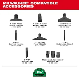 This image shows the PACKOUT™ Cleaning Accessory Kit by Milwaukee, featuring several items: nozzles (Floor Utility, Round Brush, Floor Brush, Wet Floor), a Curved Nozzle, an Extension Wand, a Crevice Tool, and a Hose and Accessory Adapter Kit. The accessories are compatible with 1-7/8" diameter hoses.