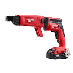 The Collator M18 FUEL™ Drywall Screw Gun Kit is a red and black power tool with an ergonomic grip and an attached lithium battery pack. It features a collated attachment for efficient screw fastening, branded with Milwaukee.