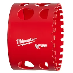 2-1/2" Diamond Grit Hole Saw, red with evenly spaced circular openings around the side and teeth on one end.