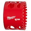 2-1/2" Diamond Grit Hole Saw, red with evenly spaced circular openings around the side and teeth on one end.
