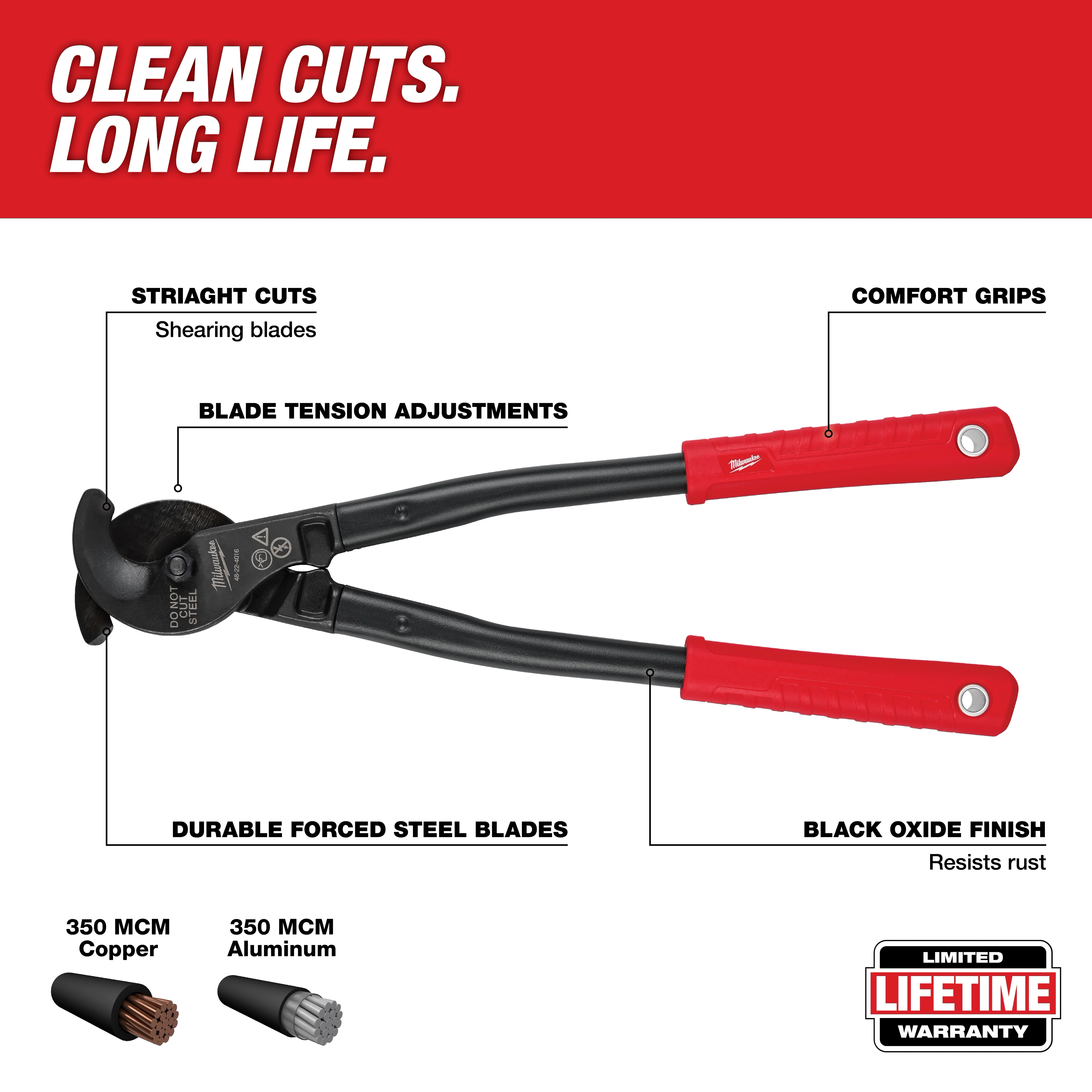 17" Utility Cable Cutter with red handles and black oxide finish. Features durable shearing blades, comfort grips, and tension adjustments.