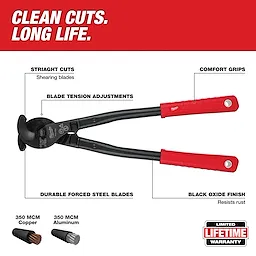 17" Utility Cable Cutter with red handles and black oxide finish. Features durable shearing blades, comfort grips, and tension adjustments.