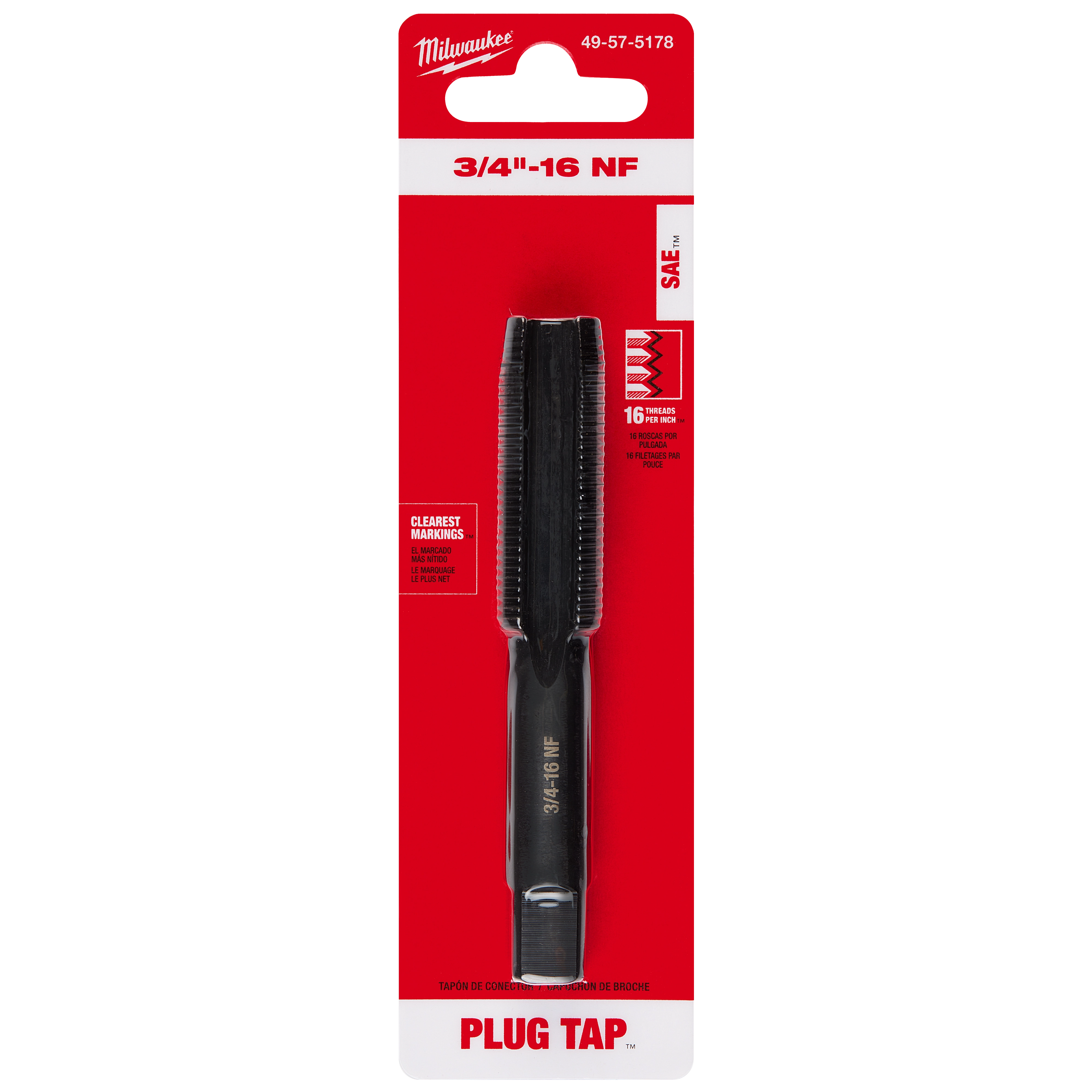 3/4"-16 NF Straight Flute Plug Tap in black, packaged on a red and white card with specifications and safety warnings.
