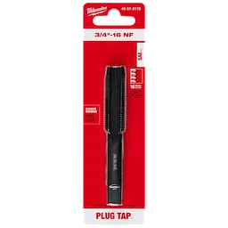 3/4"-16 NF Straight Flute Plug Tap in black, packaged on a red and white card with specifications and safety warnings.
