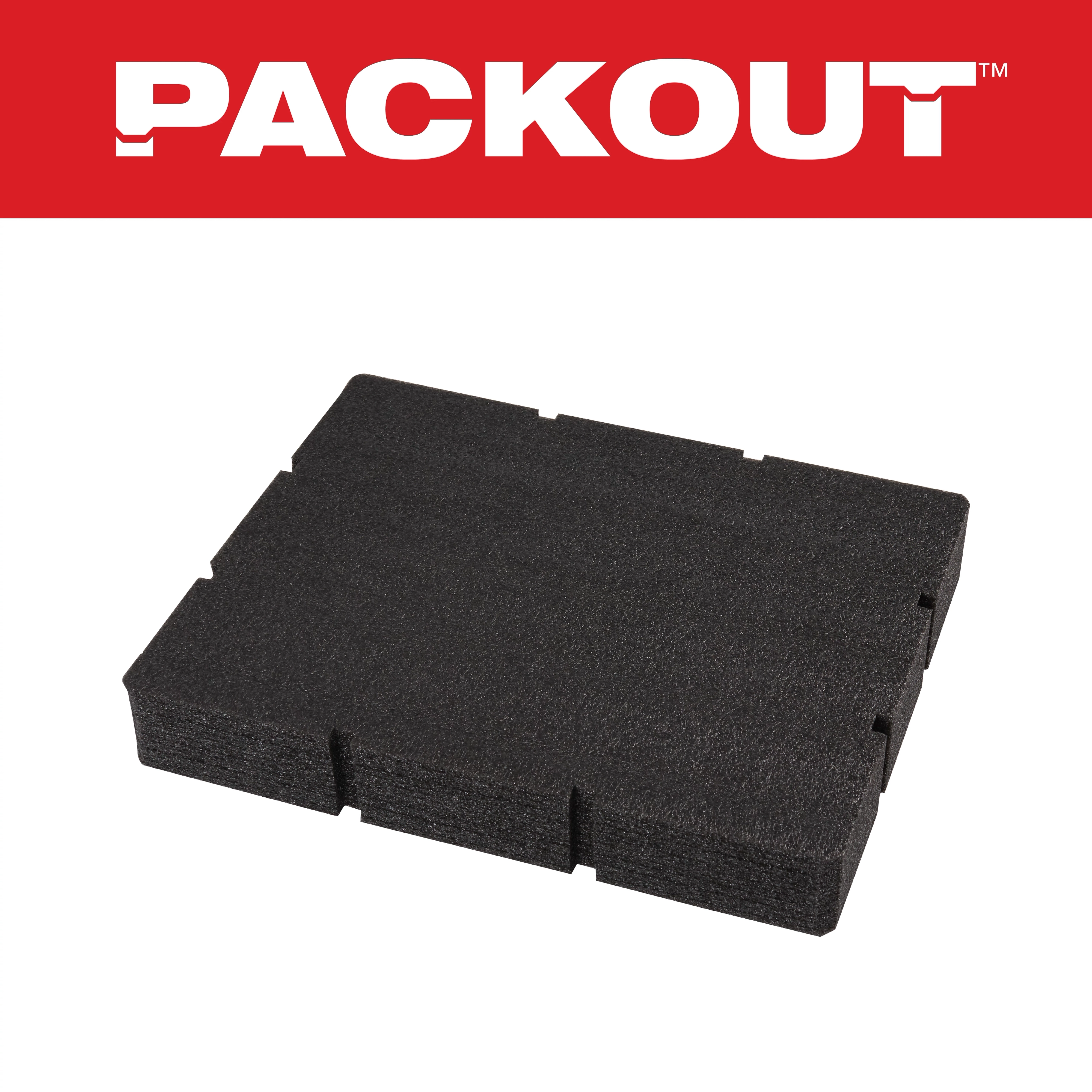 PACKOUT black foam block insert with rectangular shape and multiple cutouts for customizable tool storage solutions.