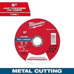 5" x .045" x 7/8" Performance+ Metal Cut Off Wheel - Type 1. Red circular disc for cutting metal and stainless steel.