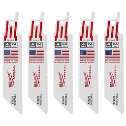 Five 4-inch 24 TPI SAWZALL® Blades, designed for cutting thin metal, are displayed vertically. Each blade features an American flag graphic and "Made in USA" text, along with the SAWZALL® brand name. The blades have a white body with red and black details.
