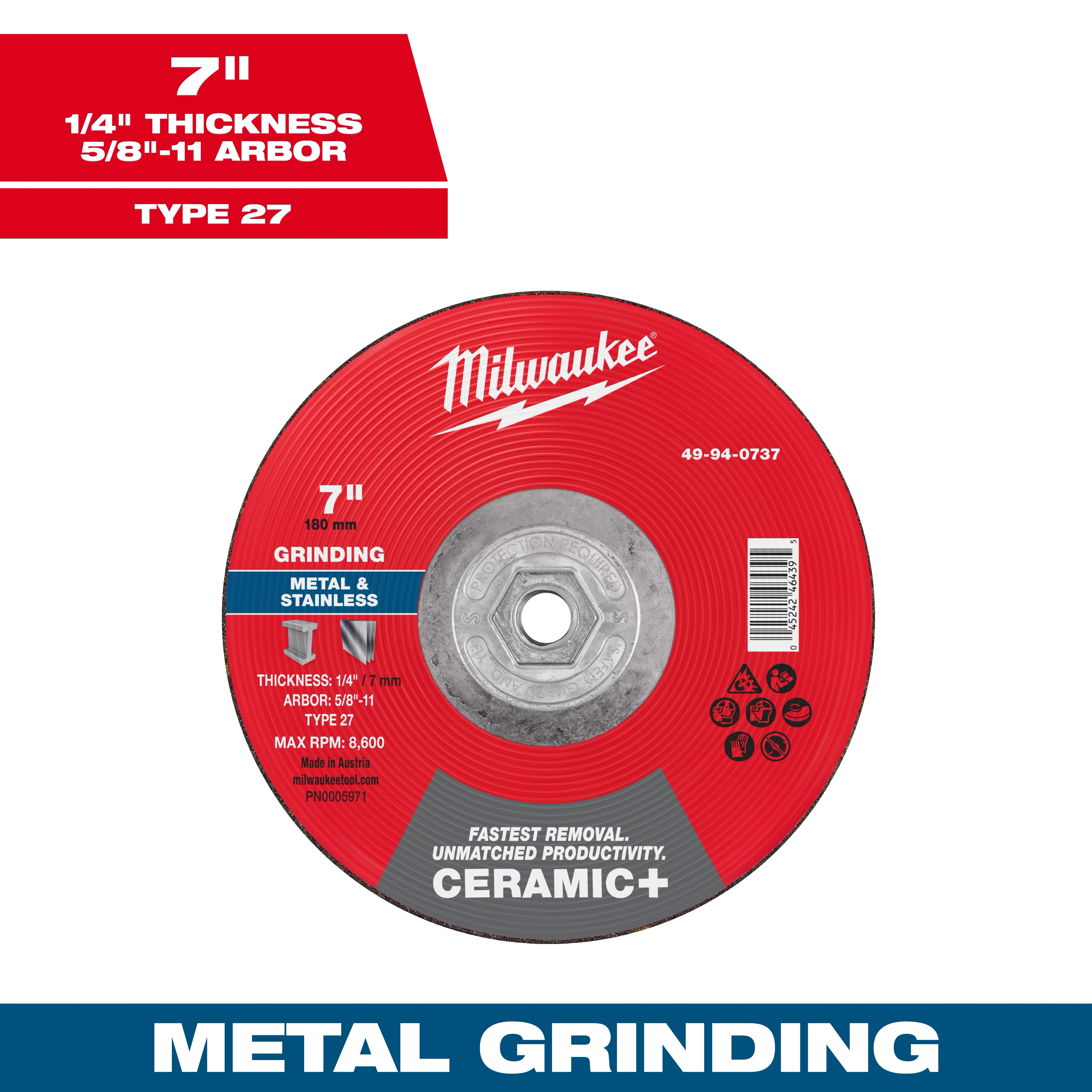 7" x 1/4" x 5/8"-11 Ceramic+ Metal Grinding Wheel Type 27 features a red, round design with product information printed on it.