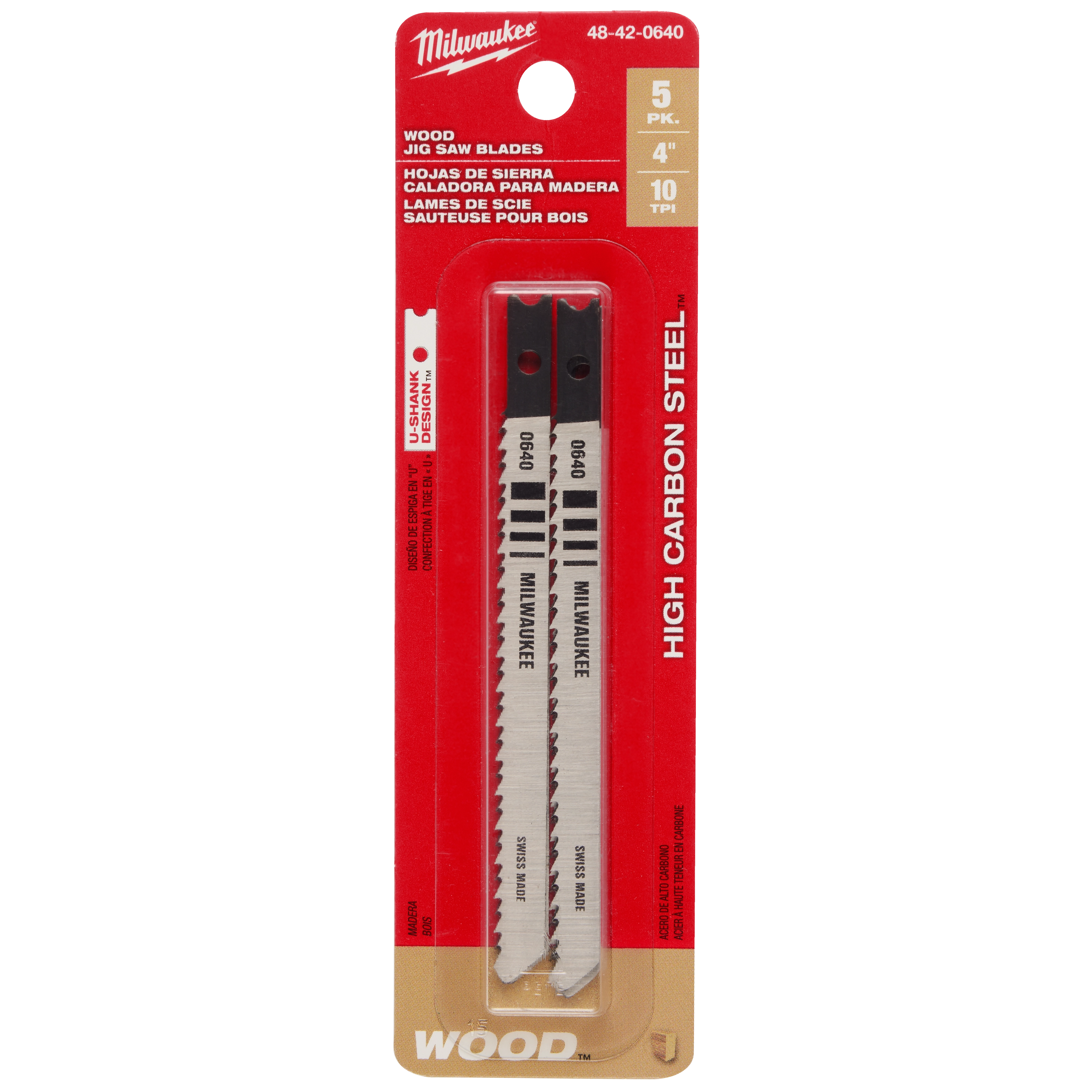 4" 10TPI U-Shank Wood High Carbon Steel Jig Saw Blades 5PK in red packaging, two blade pieces visible, labeled "High Carbon Steel."