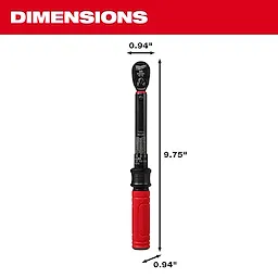 3/8” Drive Click Torque Wrench (50-250 in·lbf) has dimensions of 0.94" width and 9.75" length, with a red and black design.