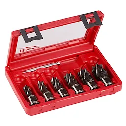 The 6 Piece Annular Cutter Set includes six black metal annular cutters and an accessory, all organized in a red plastic case with secure latches.
