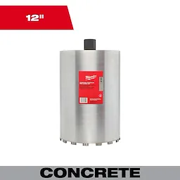 12" Diamond Premium Wet Core Bit for concrete drilling with a red label, vertical holes, and a black top connector.