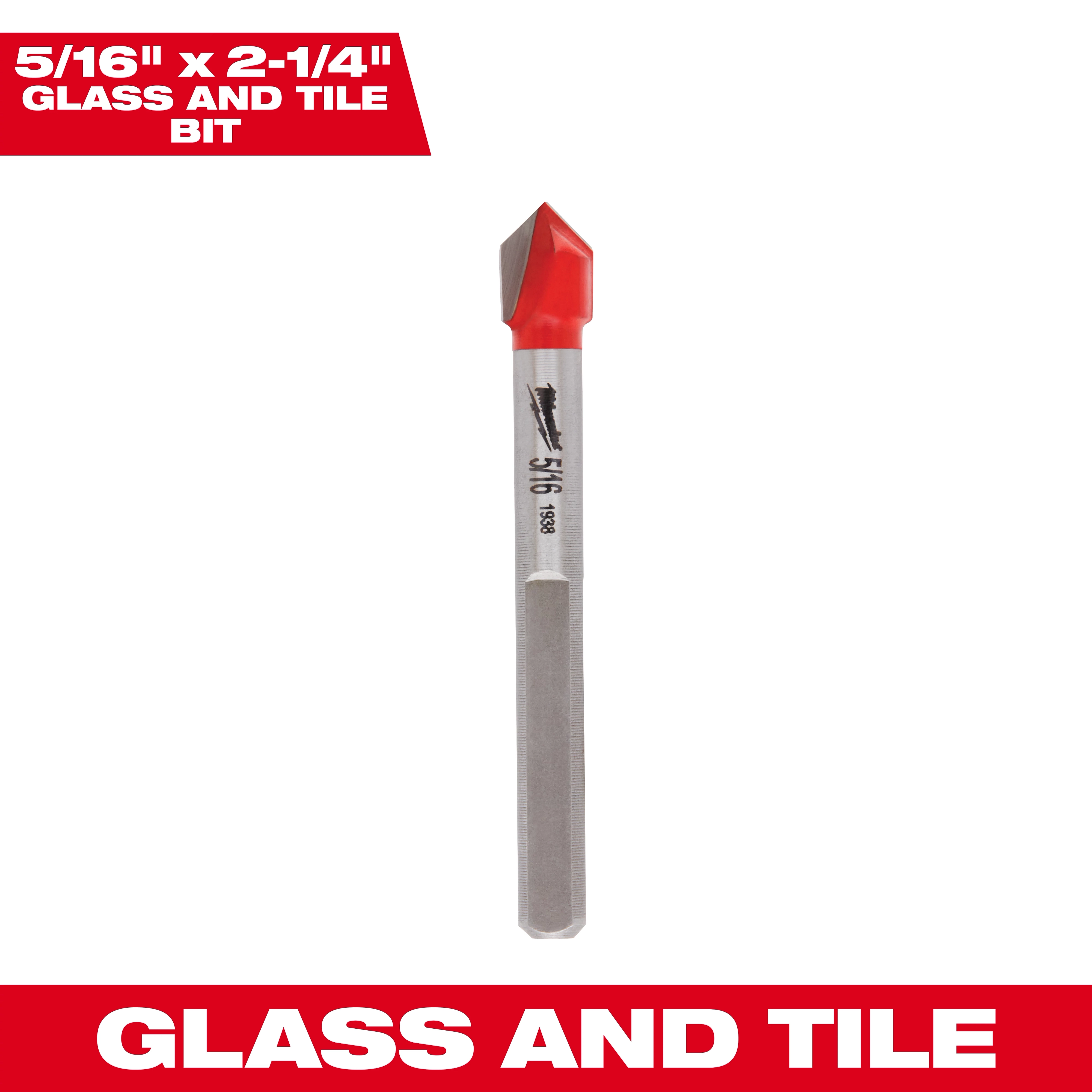 5/16" x 2-1/4" Glass and Tile Bit with a red tip designed for precise drilling in glass and tile materials.