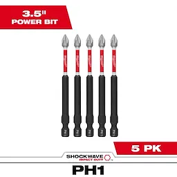 The image shows five SHOCKWAVE™ 3-1/2" Impact Phillips #1 Power Bits (5 PK). Each bit is black and red, with a Phillips #1 head. "SHOCKWAVE™ Impact Duty" branding is visible. The packaging labels include "3.5" Power Bit" and "5 PK" with the model designation "PH1" at the bottom.